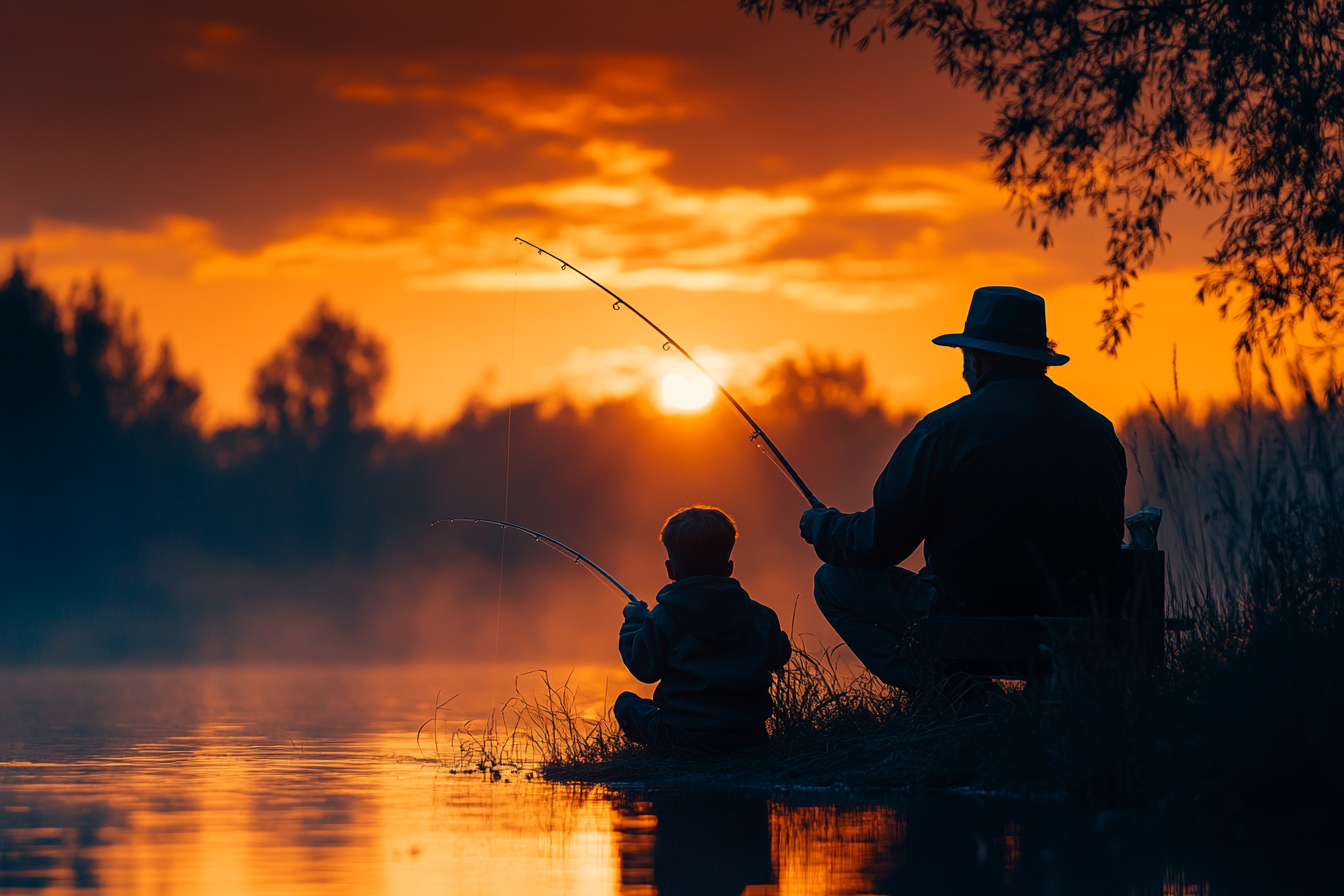 Silueta de un niño pescando con su abuelo cerca de un lago | Fuente: Midjourney