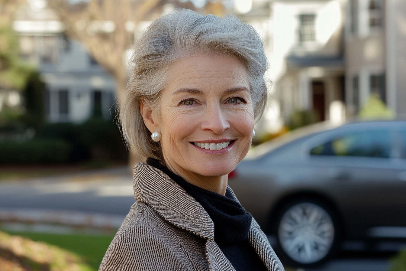 Elegante mujer de unos 60 años sonriendo en el jardín de su casa | Fuente: Midjourney