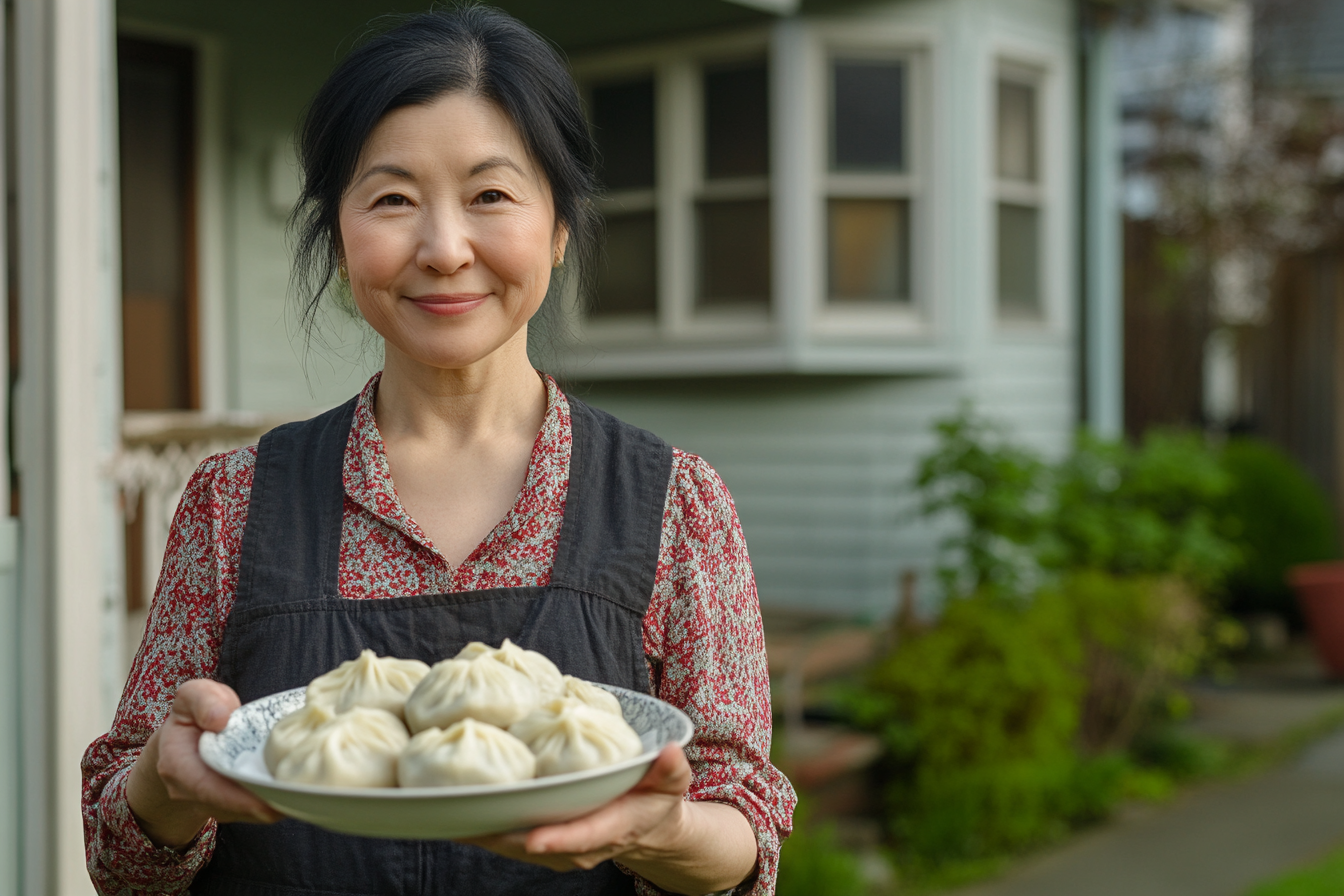 Una mujer con un plato de dumplings | Fuente: Midjourney