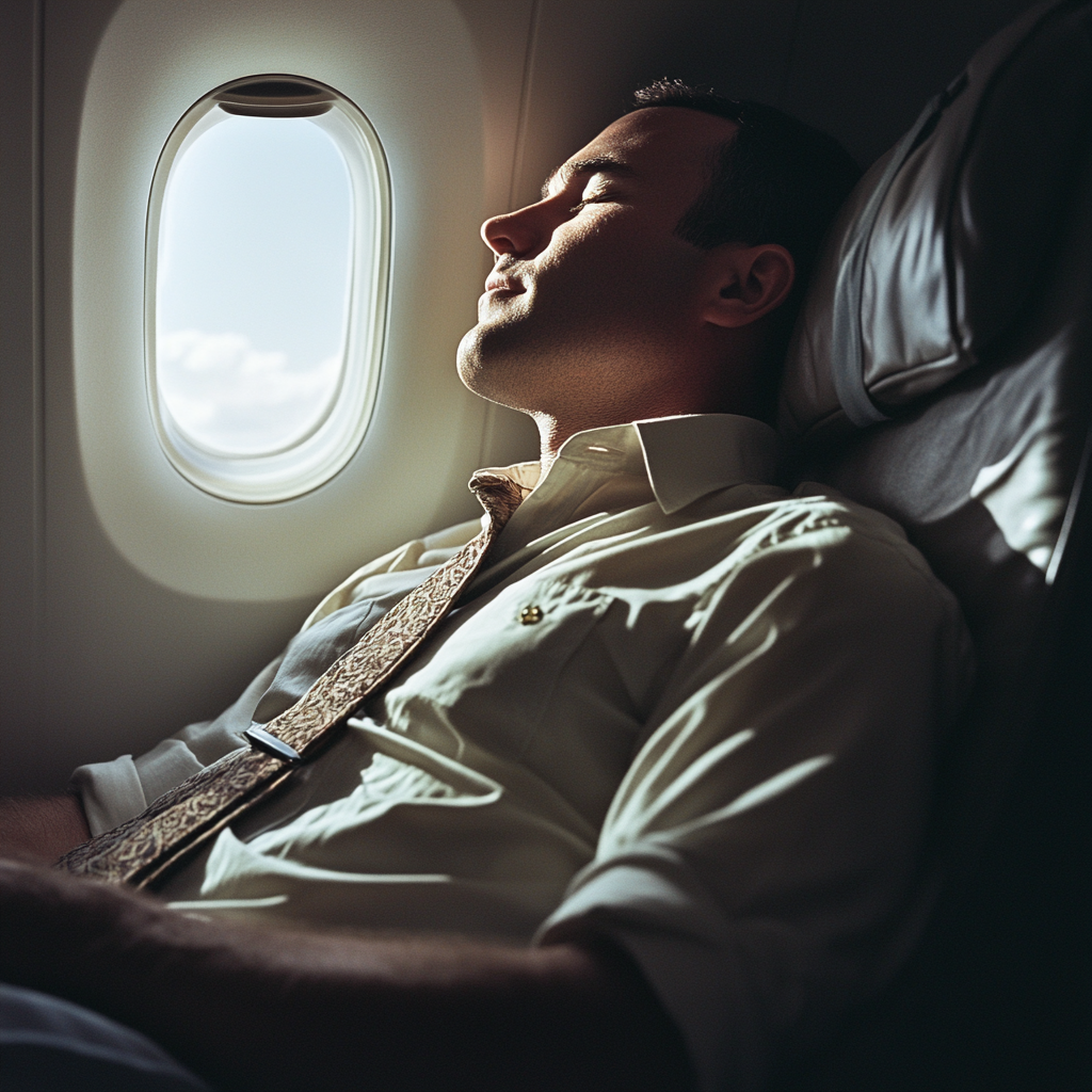 Hombre aún dormido en el avión al aterrizar | Fuente: Midjourney