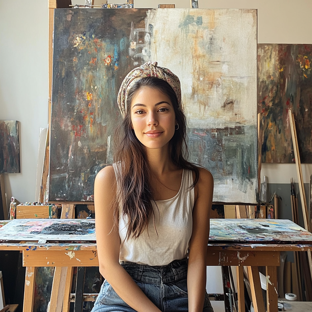 Una artista sonriente en su estudio | Fuente: Midjourney