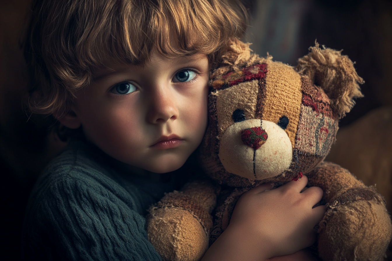 Un niño triste sujetando un oso de peluche andrajoso | Fuente: Midjourney