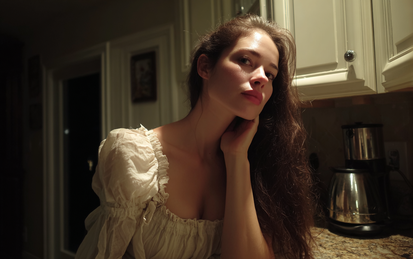 Una donna appoggiata al bancone della cucina | Fonte: Midjourney