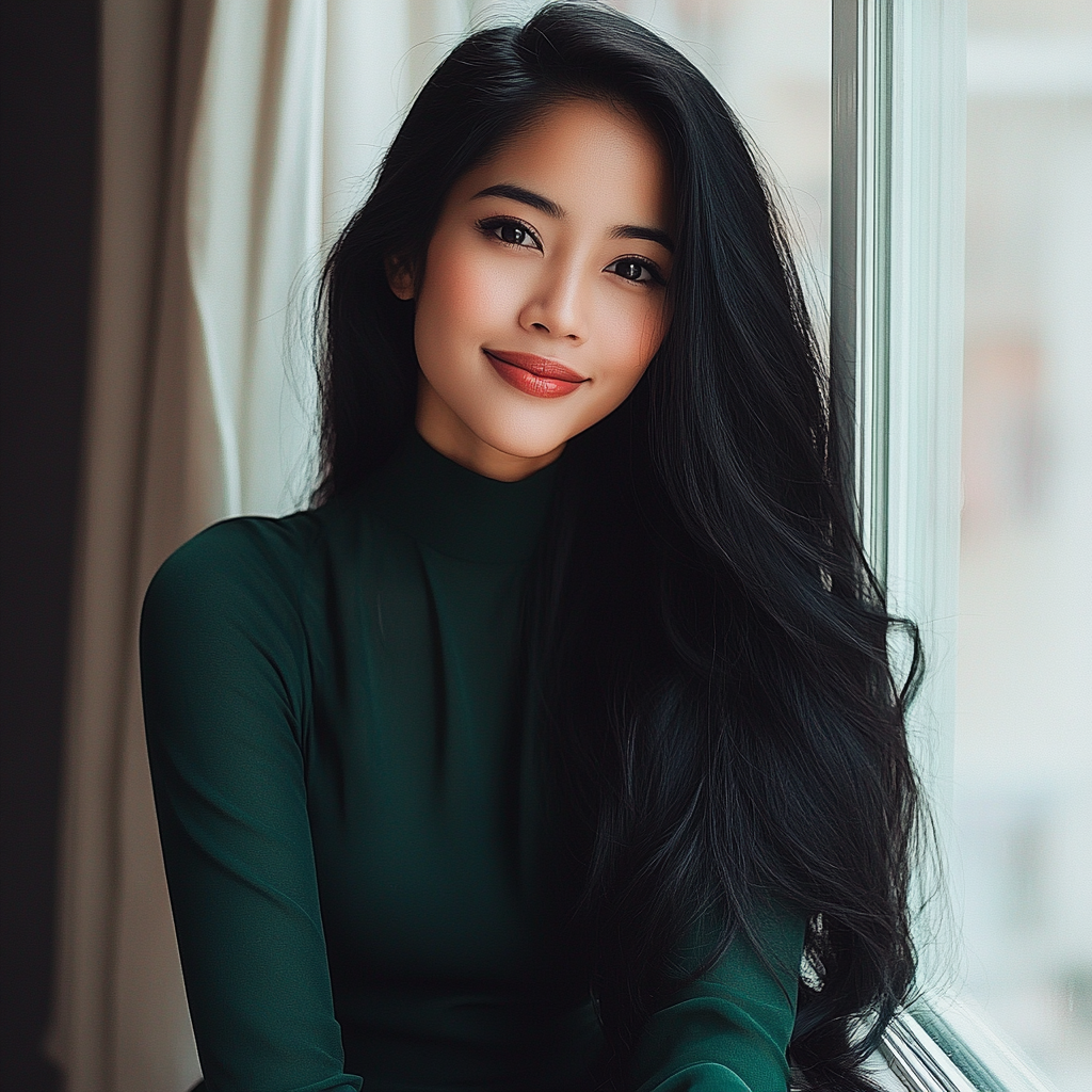 Una mujer sonriente sentada junto a una ventana | Fuente: Midjourney