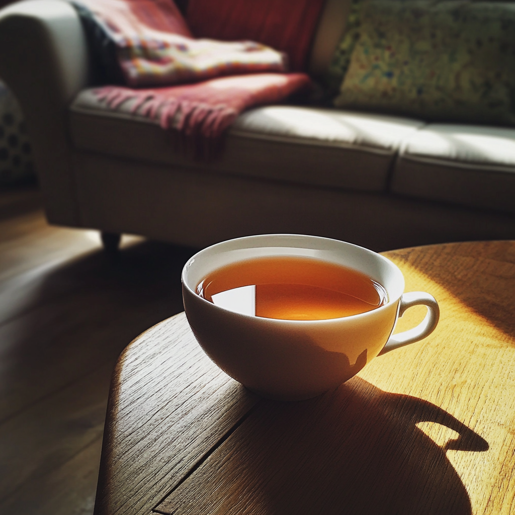Una taza de té sobre una mesa de café | Fuente: Midjourney
