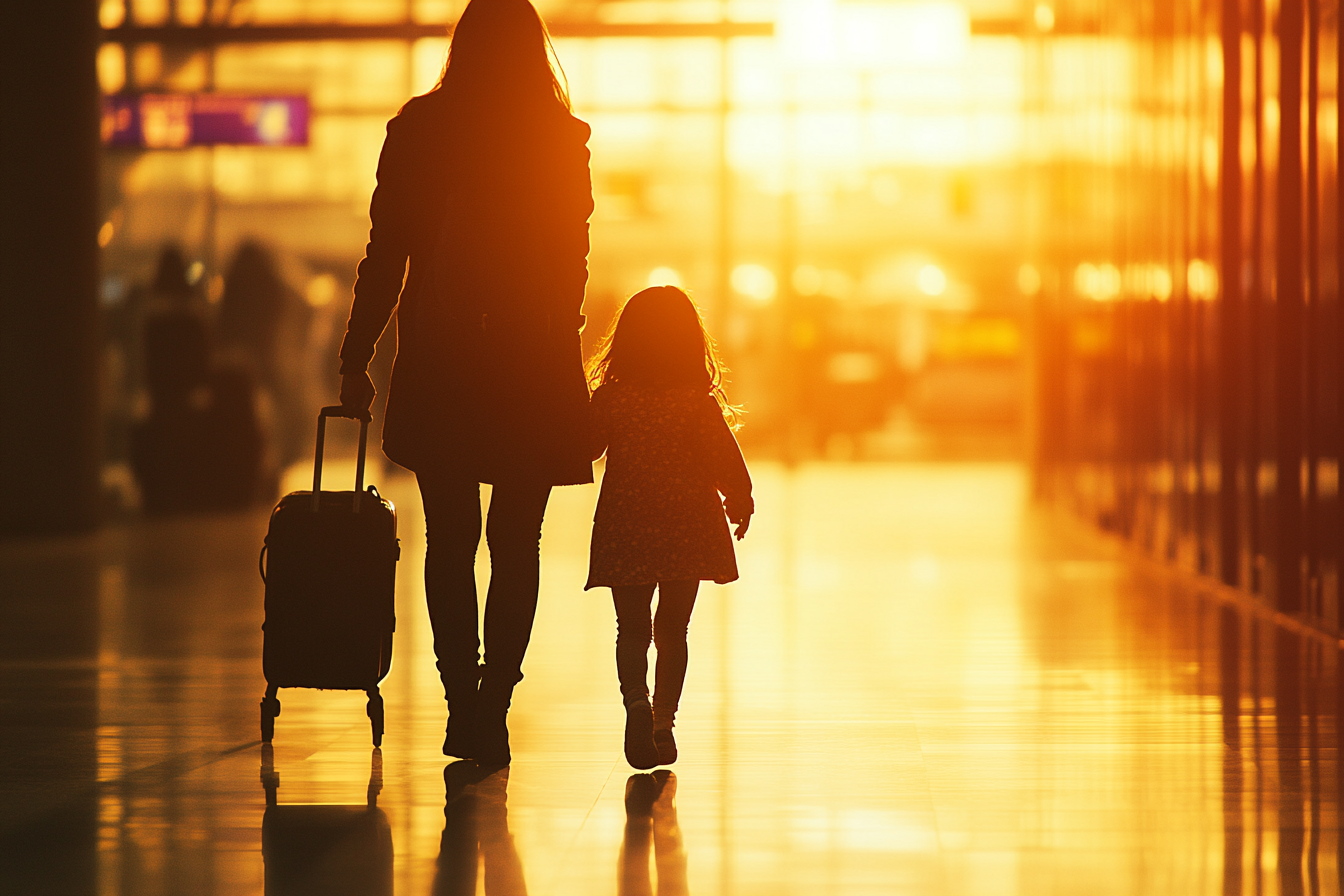 Señora con una niña saliendo de un aeropuerto | Fuente: Midjourney