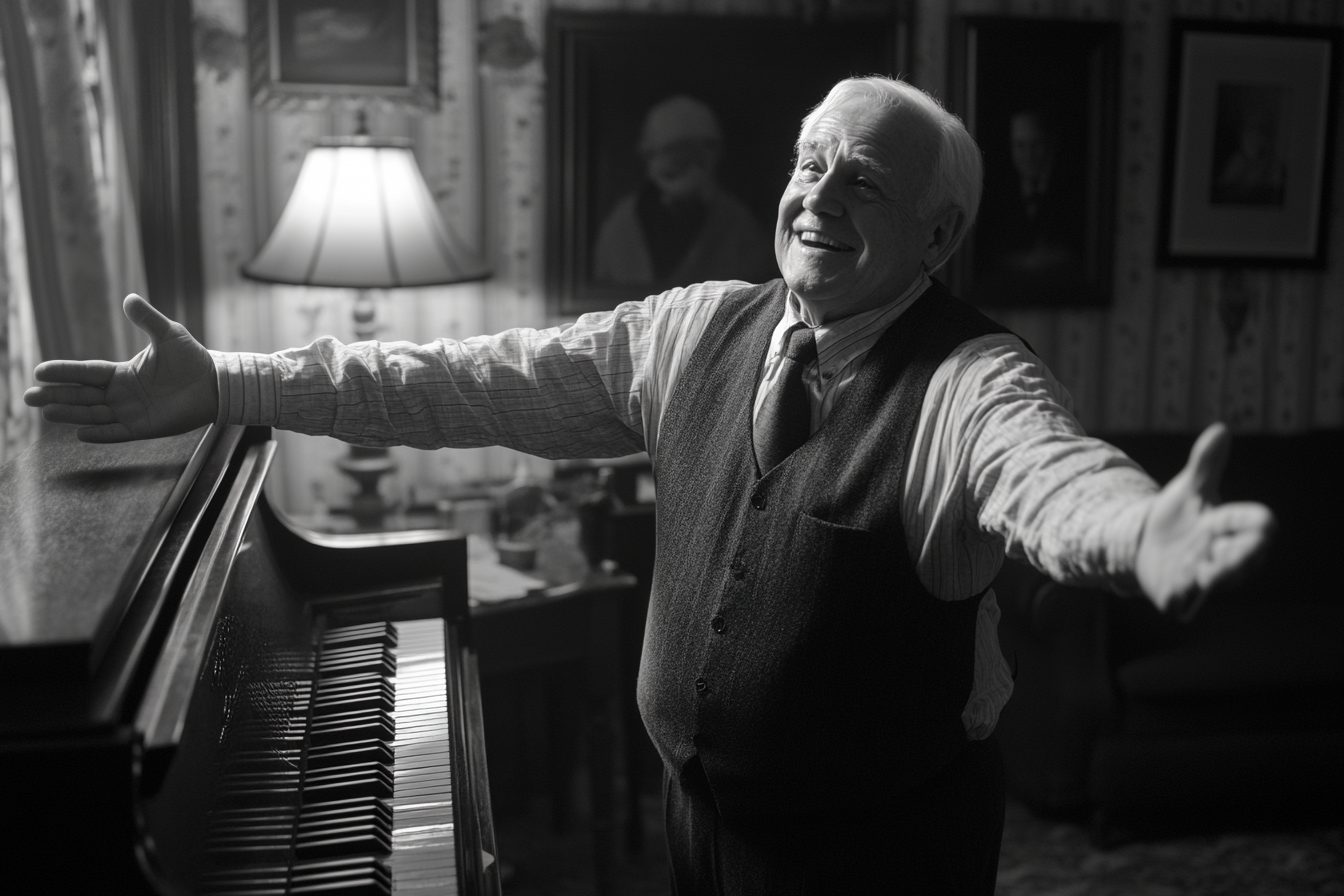 Escala de grises de un hombre mayor sonriente cerca de un piano | Fuente: Midjourney