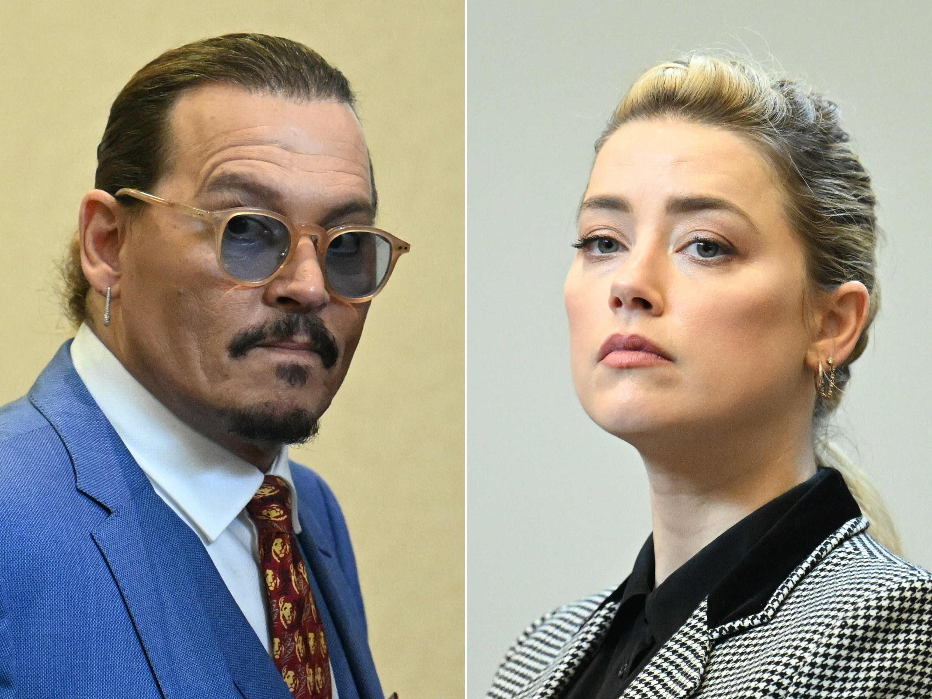 Una combinación de fotos, creada el 1 de junio de 2022, muestra a Johnny Depp asistiendo al juicio en el juzgado del condado de Fairfax, en Virginia, el 24 de mayo de 2022, y a Amber Heard observando en la misma sala el mismo día | Fuente: Getty Images