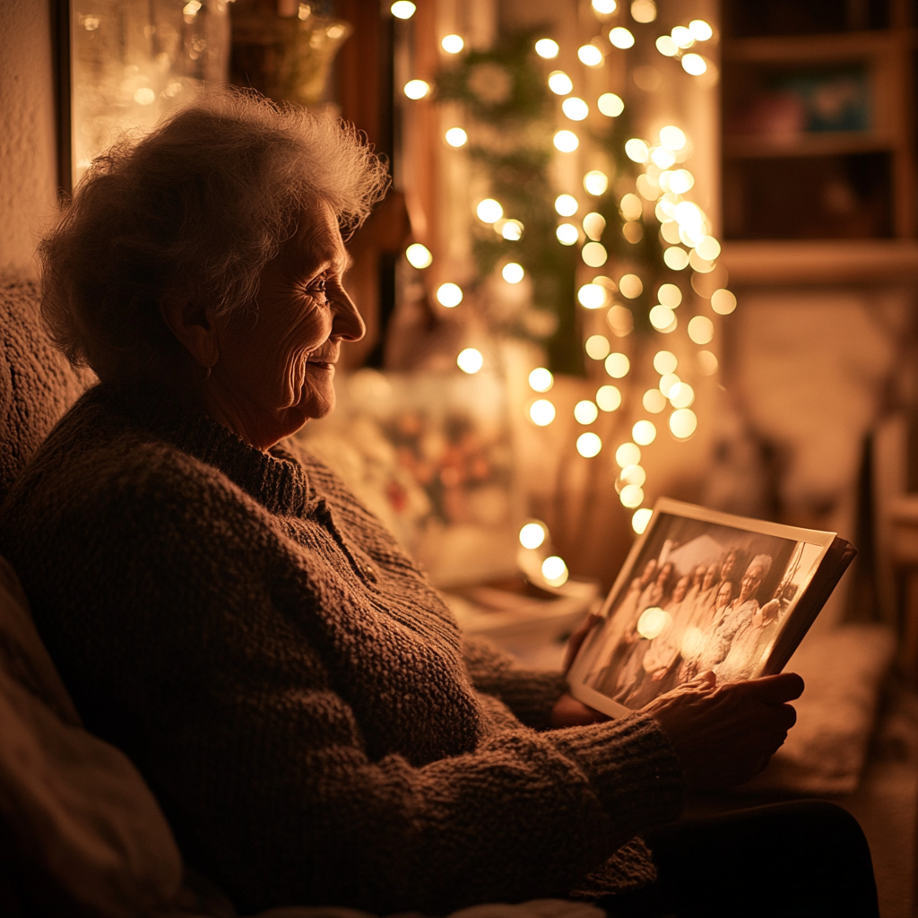 Una mujer sonriente mirando una foto familiar | Fuente: Midjourney