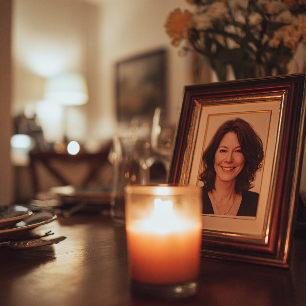 Una vela encendida delante de una foto enmarcada | Fuente: Midjourney