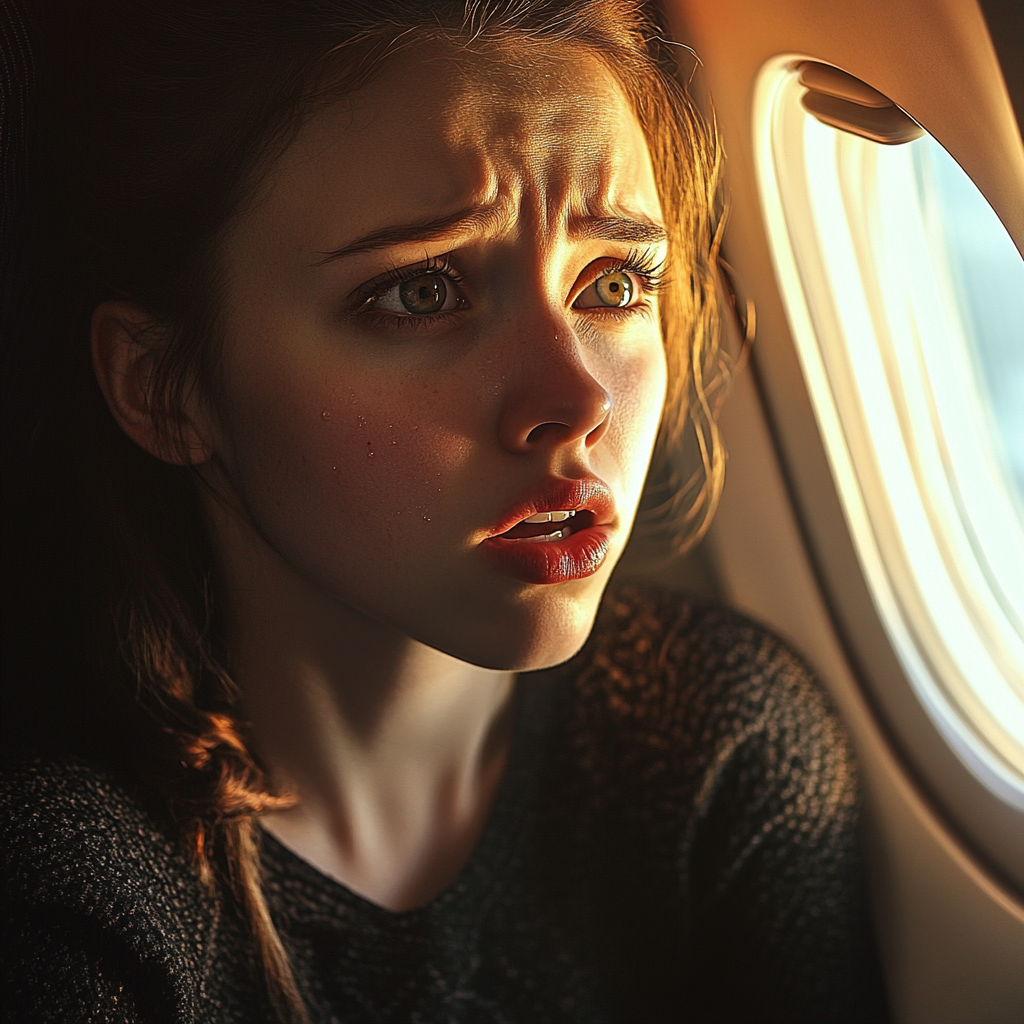 Una mujer asustada y con los ojos llorosos en un avión | Fuente: Midjourney