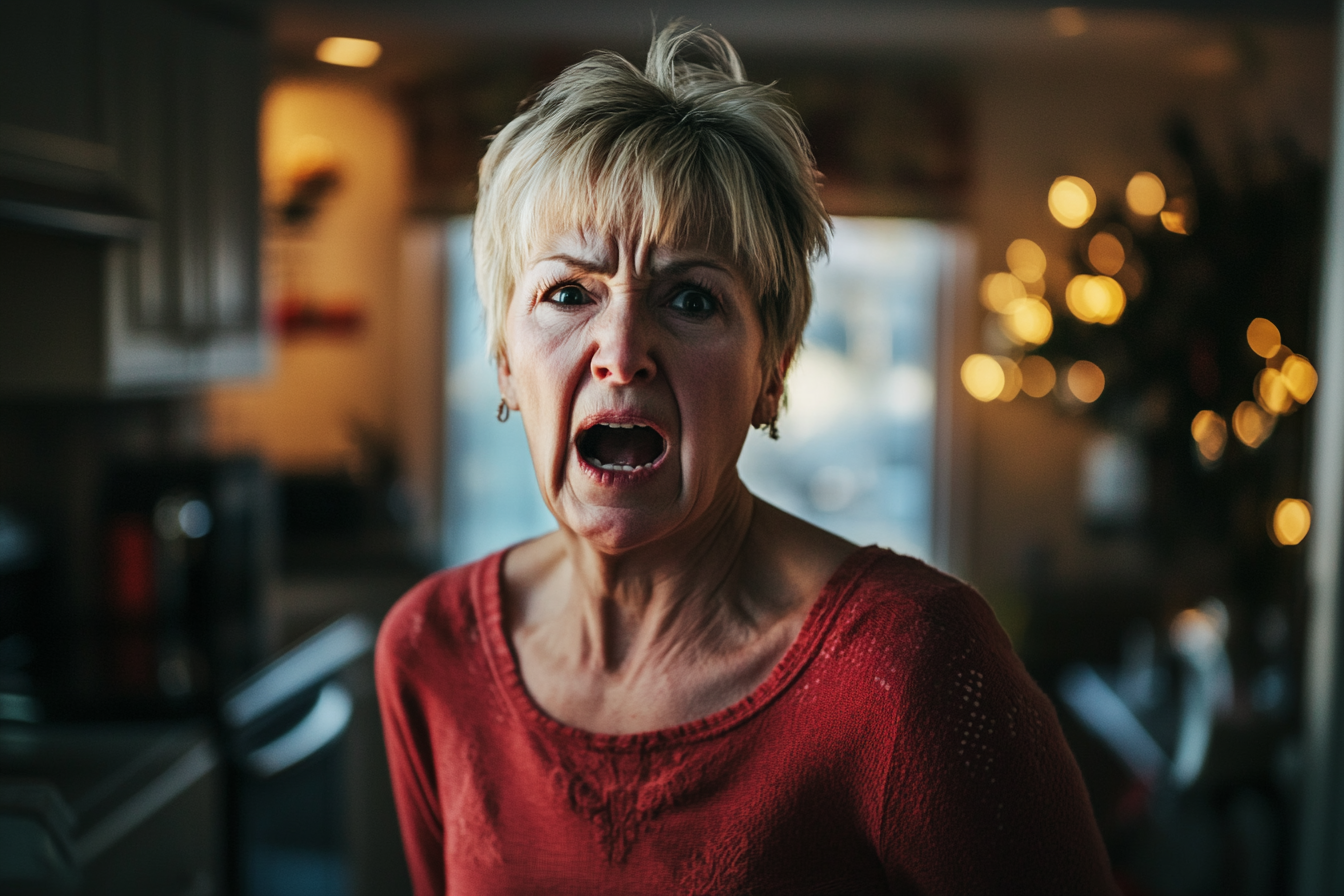 Mujer de unos 60 años gritando a alguien en la cocina | Fuente: Midjourney