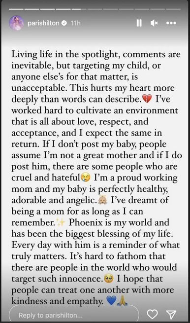 Paris Hilton defiende a su bebé Phoenix Barron Hilton Reum, fechado el 24 de octubre de 2023, en las historias de Instagram | Fuente: Instagram.com/parishilton/
