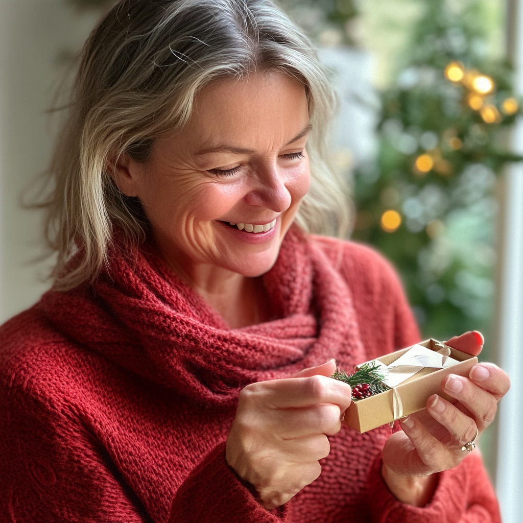 Una mujer sonriente con un regalo | Fuente: Midjourney