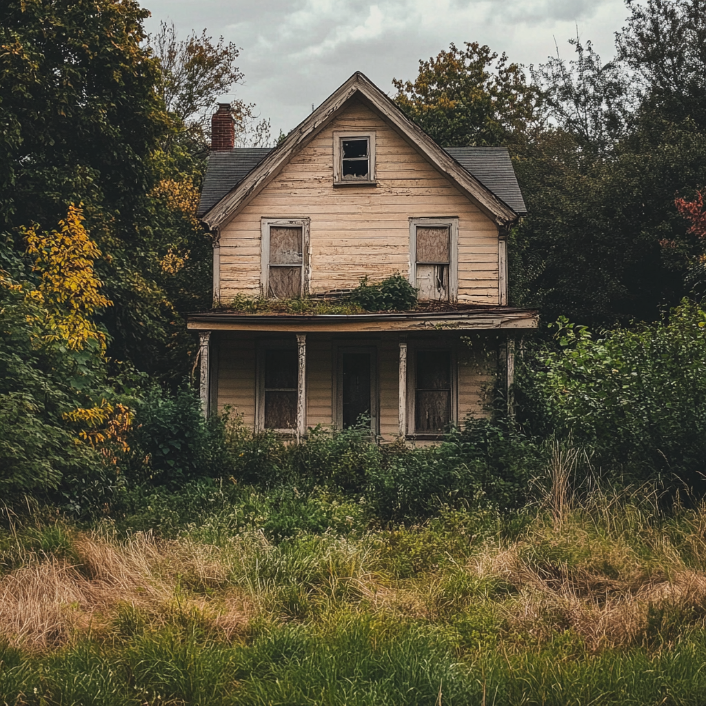 Una casa abandonada con un jardín cubierto de maleza | Fuente: Midjourney