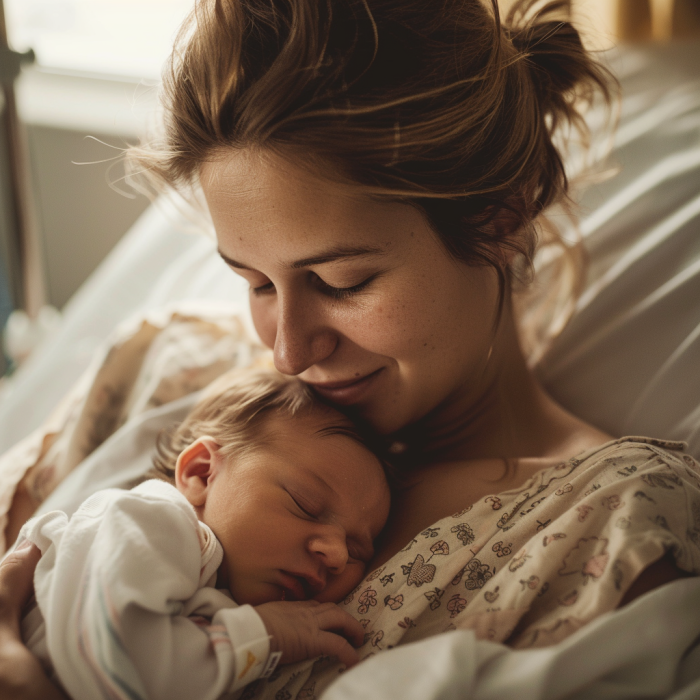 Una madre sostiene a su hija recién nacida en la habitación de un hospital | Fuente: Midjourney