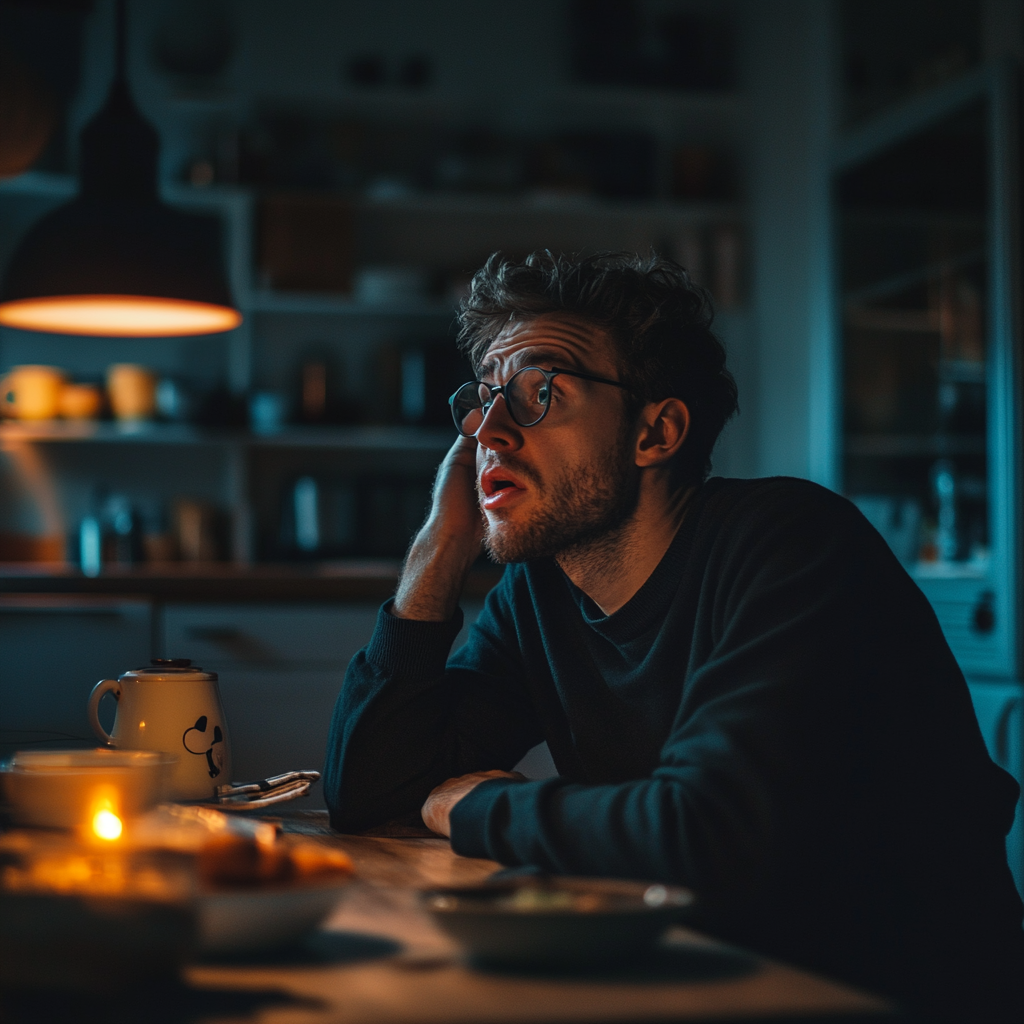 Un hombre conmocionado sentado a la mesa de la cocina | Fuente: Midjourney