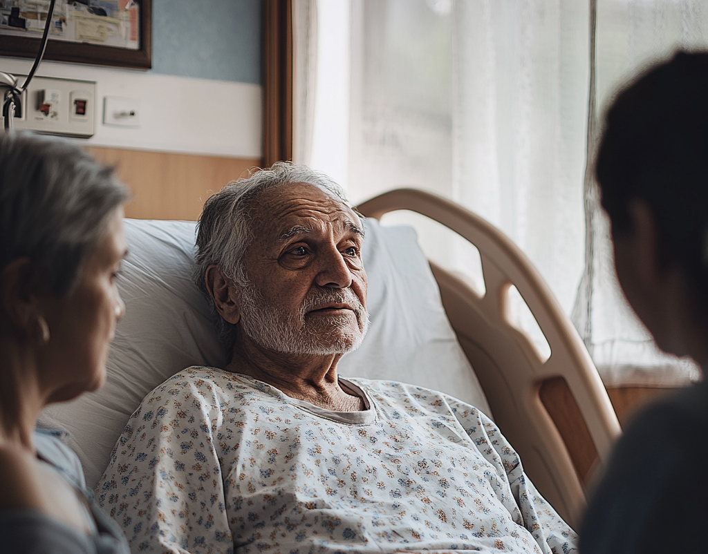 Anciano hospitalizado hablando con su familia | Fuente: Midjourney