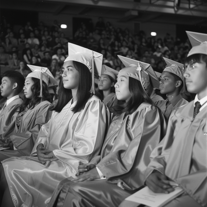 Una foto en escala de grises de estudiantes sentados el día de su graduación | Fuente: Midjourney