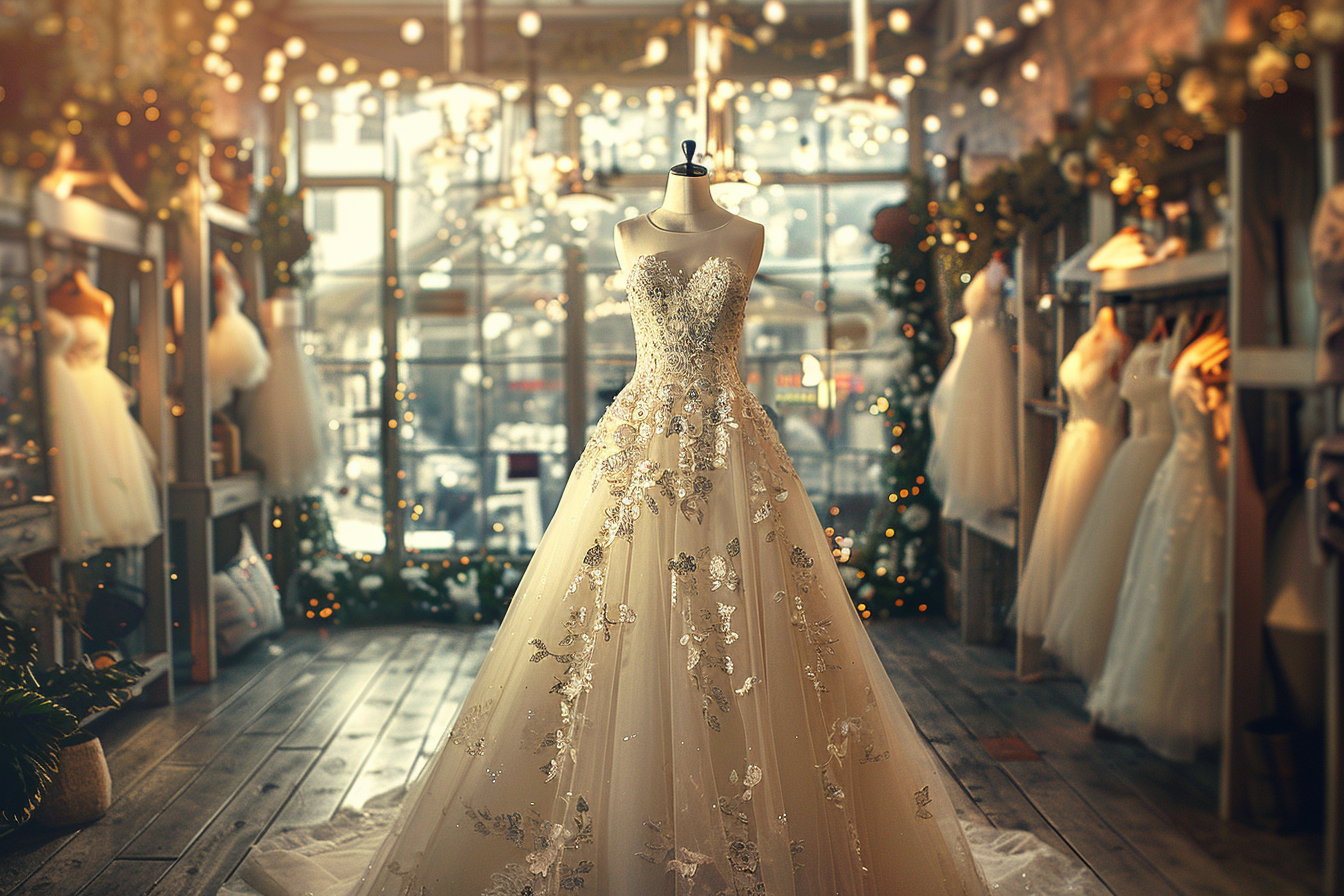 Un impresionante vestido de novia expuesto en una boutique nupcial | Fuente: Midjourney