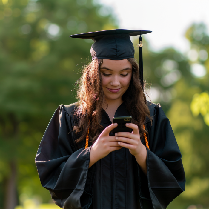 Una joven con toga y birrete de graduación consulta su teléfono móvil | Fuente: Midjourney