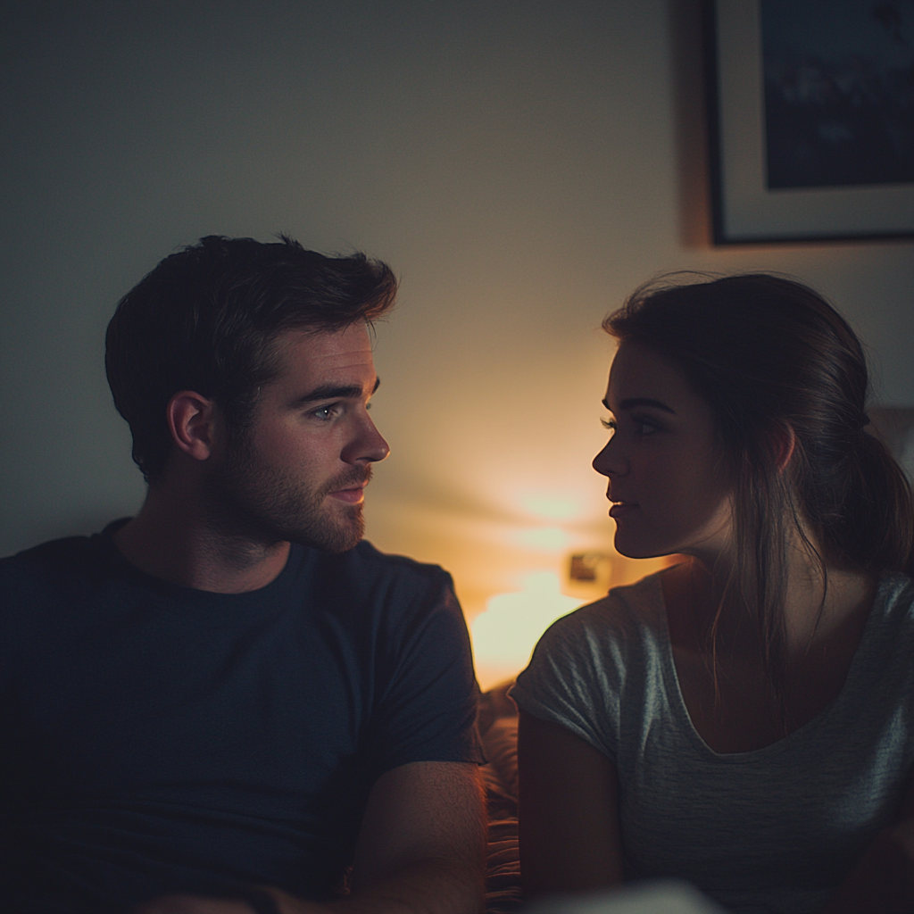 Una pareja hablando seriamente en su dormitorio | Fuente: Midjourney