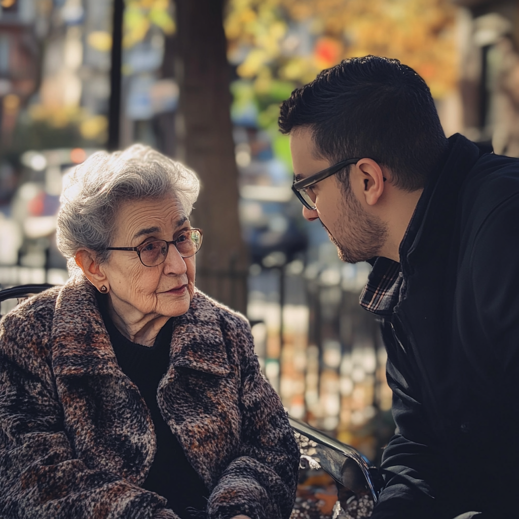 Mujer mayor manteniendo una conversación con su hijo | Fuente: Midjourney