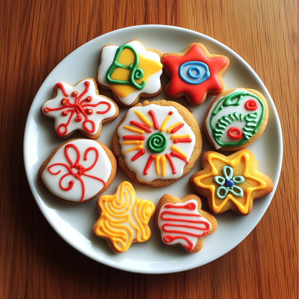 Un plato de galletas de colores | Fuente: Midjourney