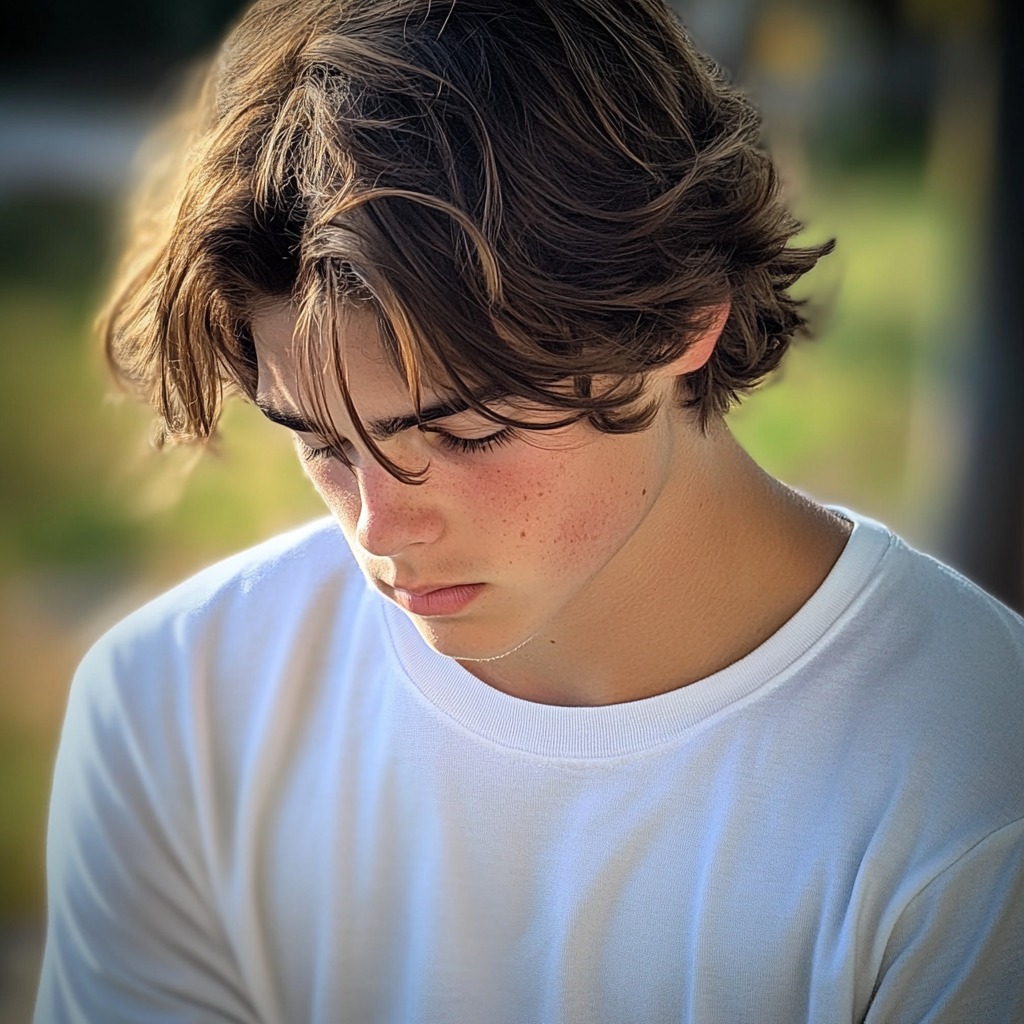 Un adolescente mirando hacia abajo | Fuente: Midjourney