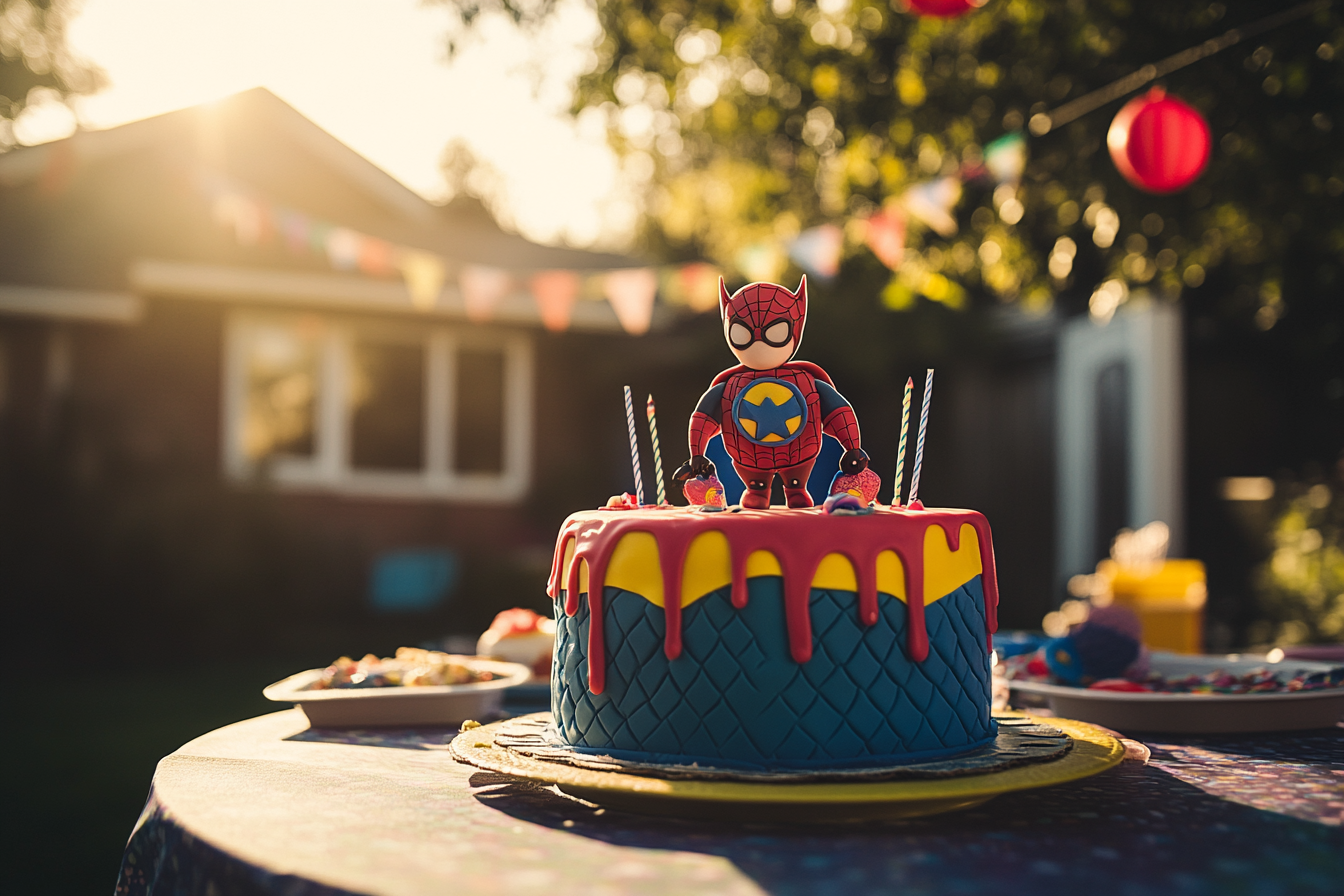 Una tarta de cumpleaños de superhéroes encima de una mesa en una fiesta de cumpleaños en el patio | Fuente: Midjourney