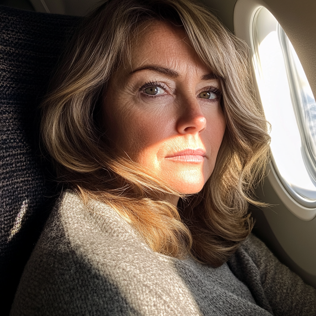 Primer plano de una mujer sentada en un avión | Fuente: Midjourney