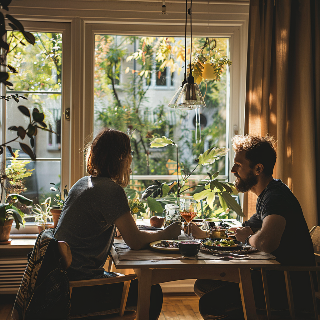 Una pareja comiendo junta | Fuente: Midjourney