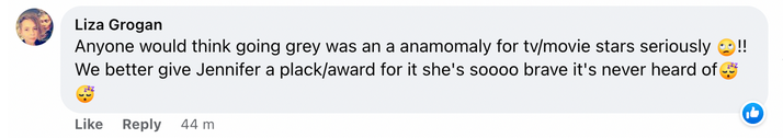 "Cualquiera pensaría que tener pelo canoso es una rareza para las estrellas de TV/Cine. ¡¡En serio!! 🙄 Deberíamos darle a Jennifer una placa/premio por esto, es taaaaan valiente, nunca se había oído 😴😴😴" | Una comentario de las canas de Jennifer Aniston | Foto: facebook.com/TheProjectTV
