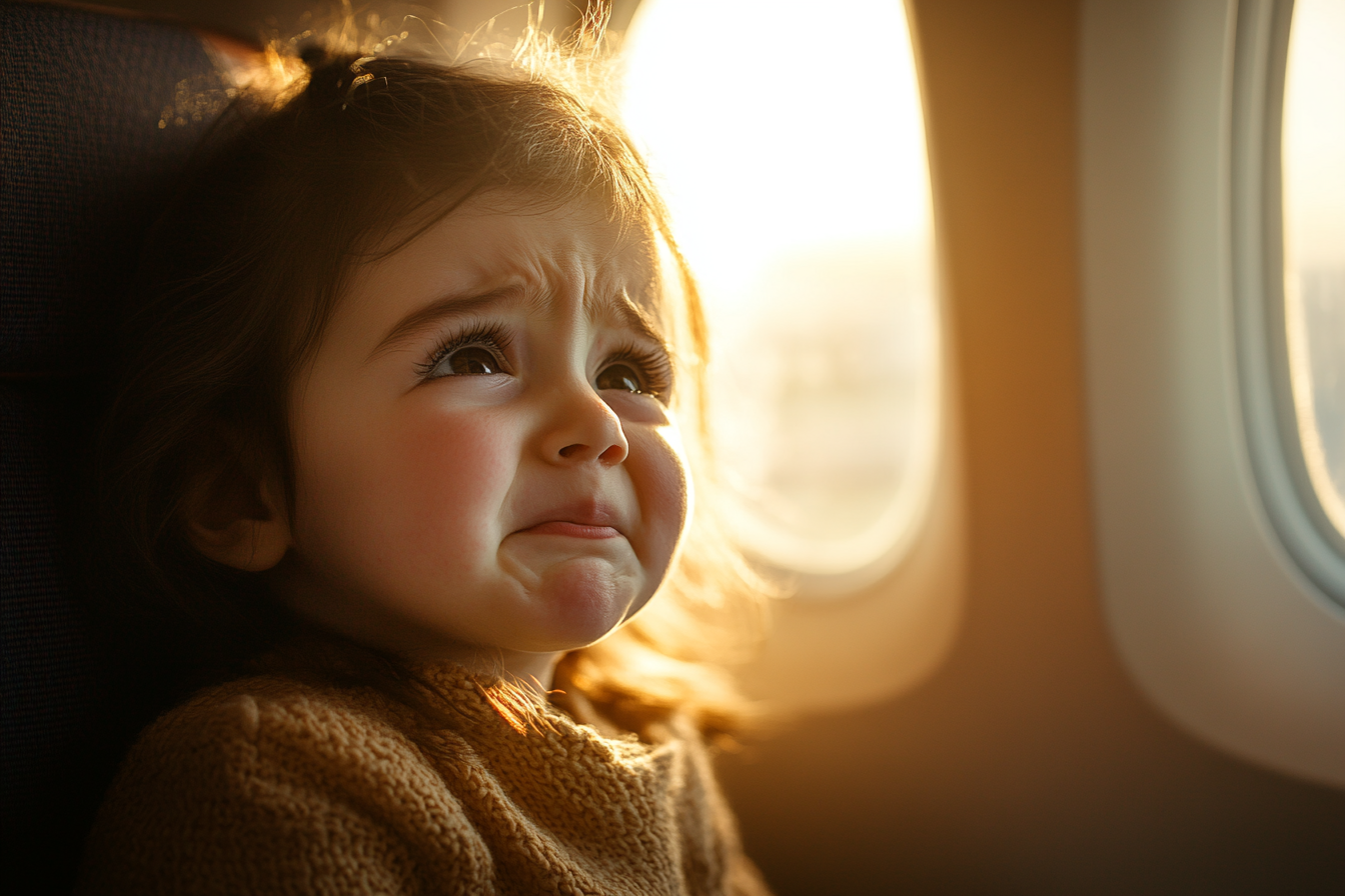 Una niña llorando en un avión | Fuente: Midjourney