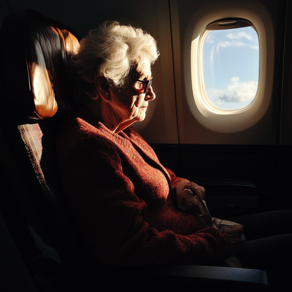 Una anciana sentada en un avión | Fuente: Midjourney