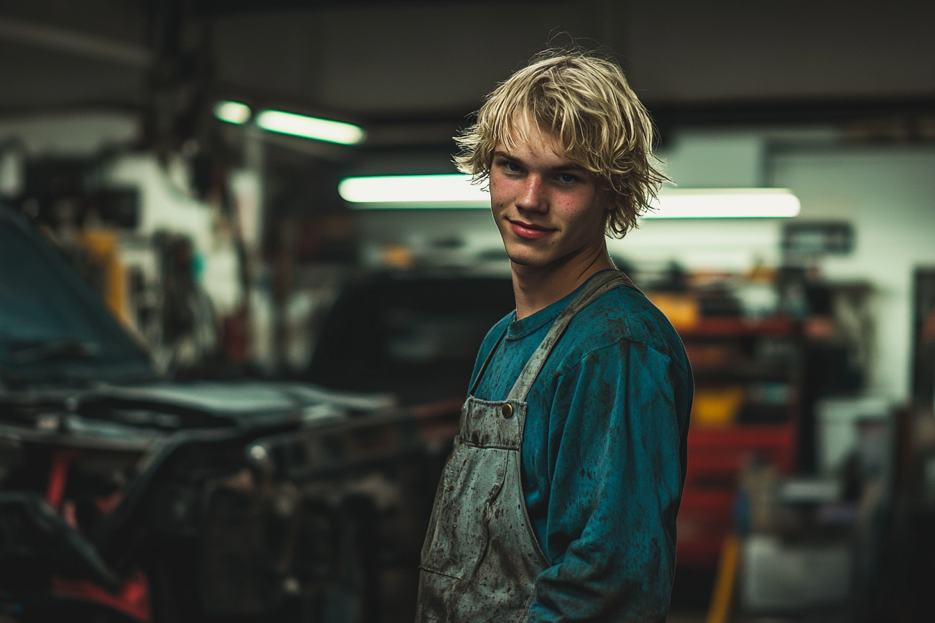 Adolescente sonriendo en un taller mecánico con el mono sucio | Fuente: Midjourney