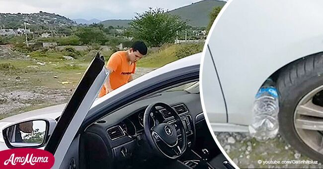 El video muestra lo que le puede suceder si encuentra una botella de plástico en la rueda de su auto