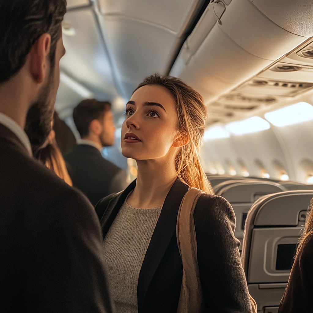 Gente manteniendo una conversación en un avión | Fuente: Midjourney