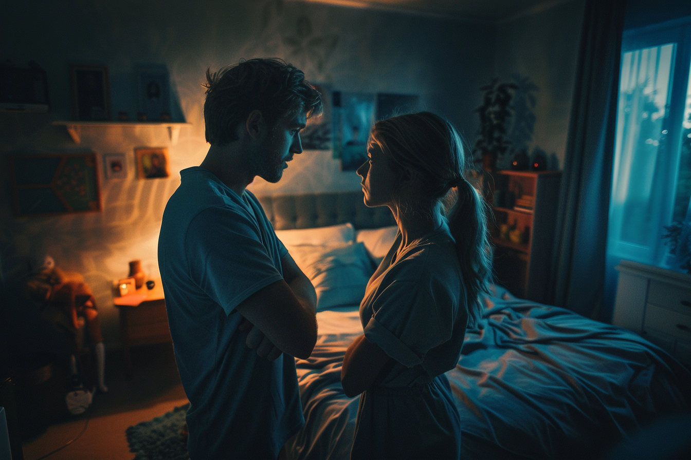 Una pareja hablando por la noche en su dormitorio | Fuente: Midjourney