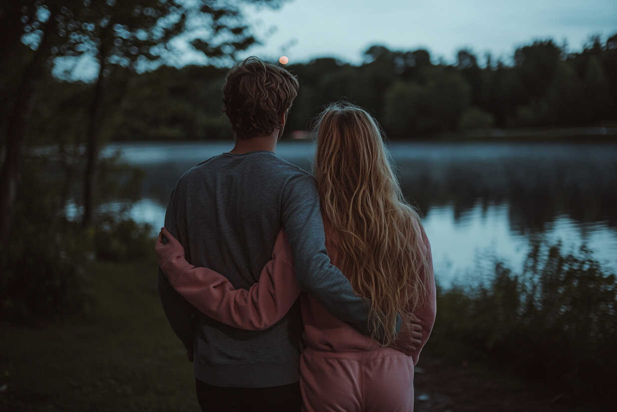 Una pareja paseando junto a un lago | Fuente: Midjourney