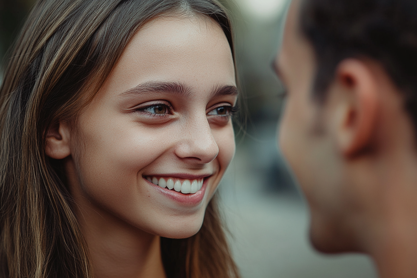 Una mujer sonriendo a un hombre | Fuente: Midjourney