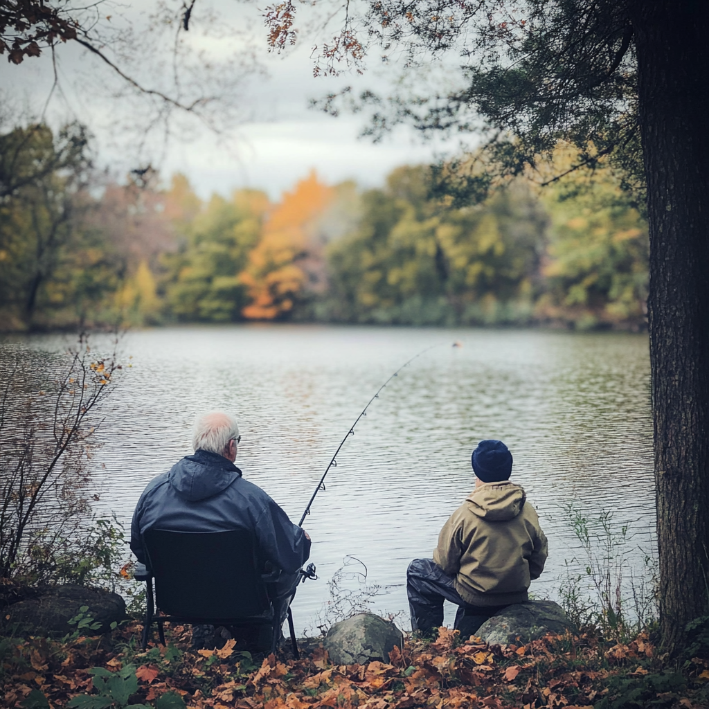 Un anciano y un niño pescando | Fuente: Midjourney