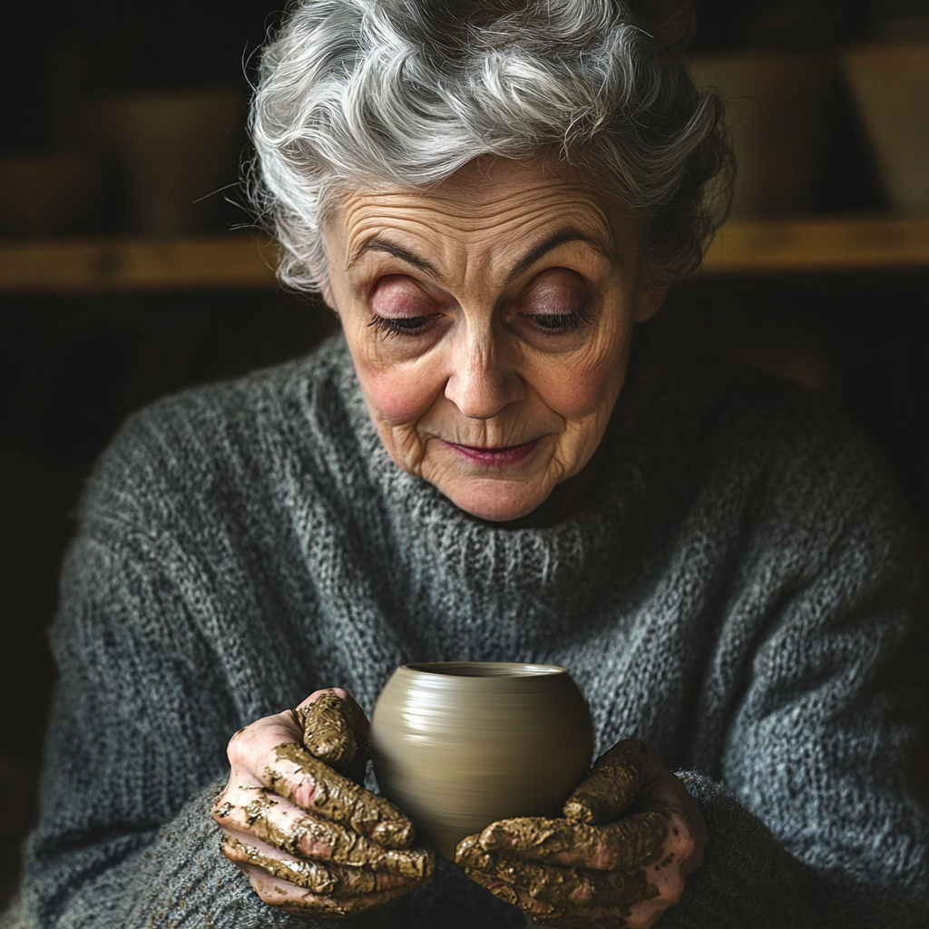 Una mujer mayor haciendo cerámica con arcilla cocida | Fuente: Midjourney