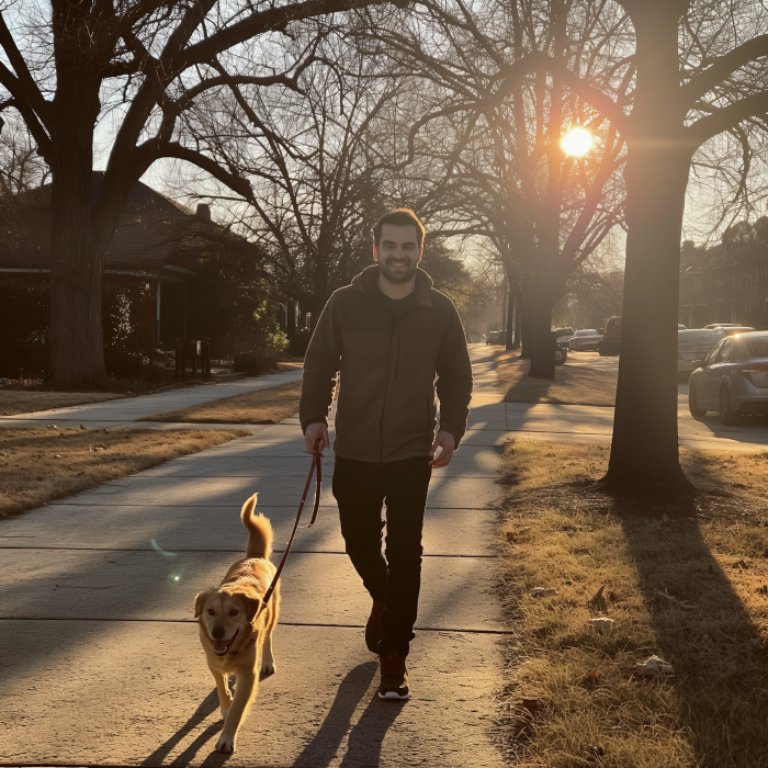 Un hombre paseando a su perro por el barrio | Fuente: Midjourney