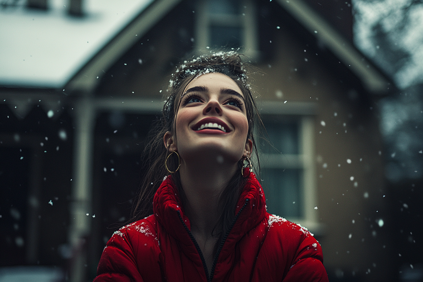 Una mujer de unos 30 años sonríe ampliamente delante de una casa viendo caer la nieve mientras lleva una chaqueta roja | Fuente: Midjourney