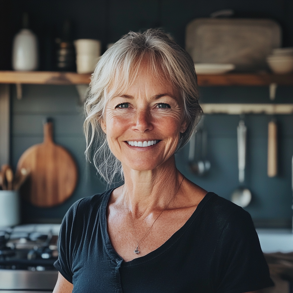 Una mujer sonriente en su cocina | Fuente: Midjourney