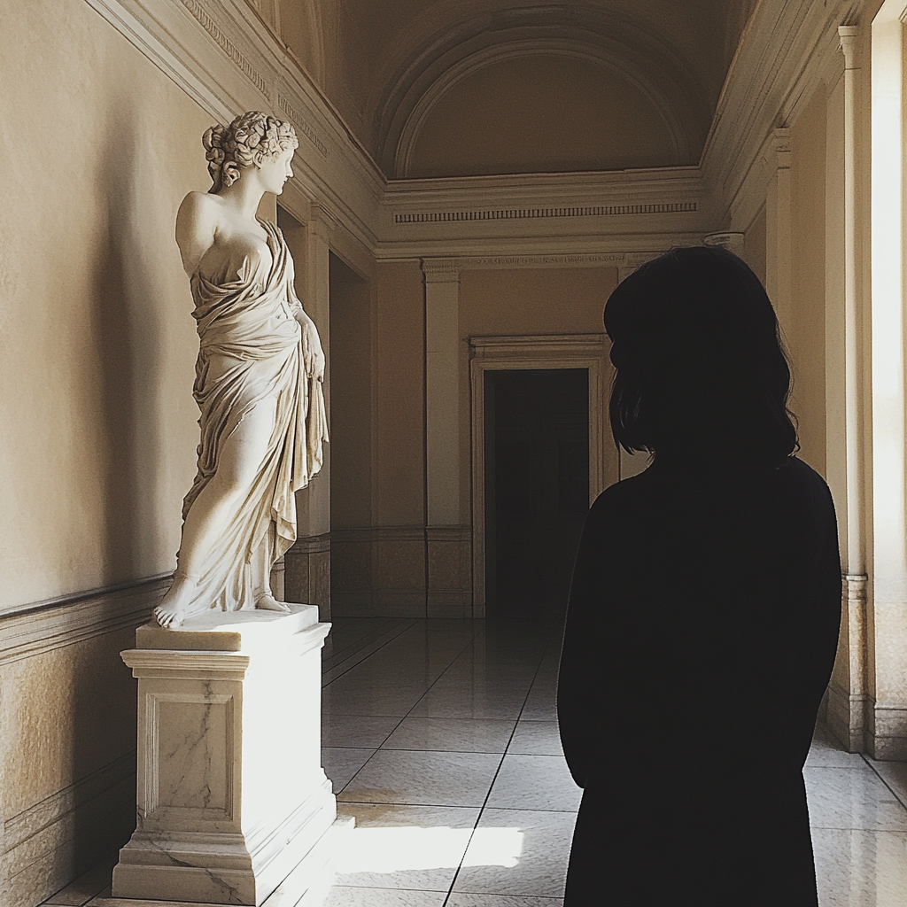 Una mujer mirando una estatua en un pasillo | Fuente: Midjourney