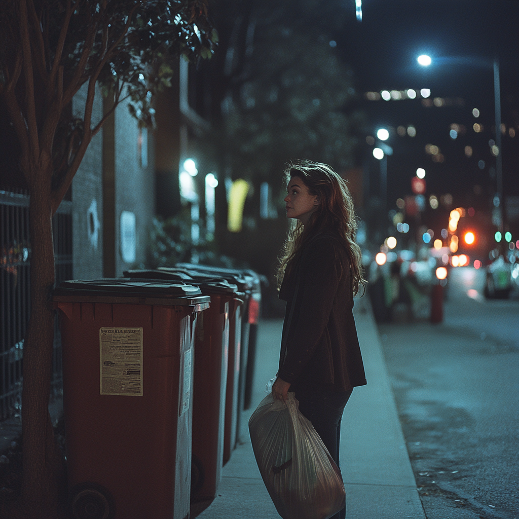 Una mujer sacando la basura | Fuente: Midjourney