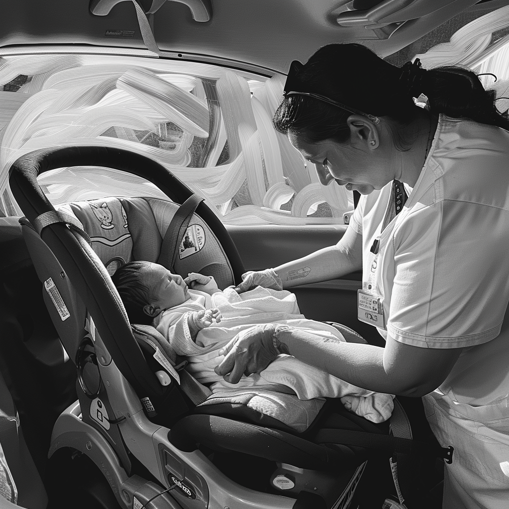 Enfermera colocando al bebé Luc en una silla de Automóvil | Fuente: Midjourney