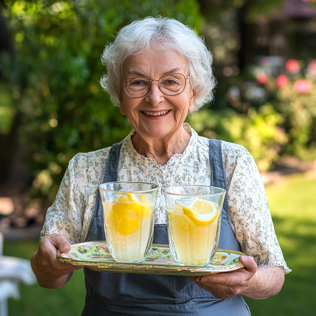 Mujer mayor sosteniendo una bandeja con dos vasos de limonada. | Fuente: Midjourney